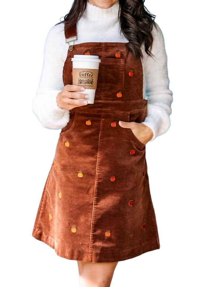 Pumpkin Embroidered Corduroy Jumper Dress